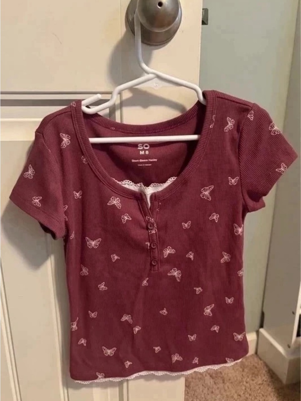 Girls SO Mauve Short-Sleeve Butterfly Henley Top
